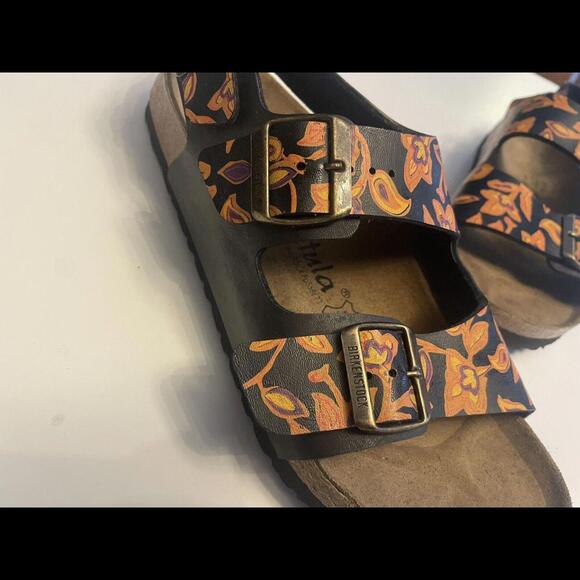 Birkenstock Betula Leather Heel Strap Double Buckle 11 42 Black Orange Floral - Picture 2 of 9